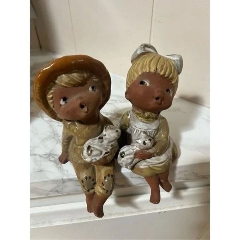 Vintage Handmade Ceramic Seated Boy & Girl with Cats 6
